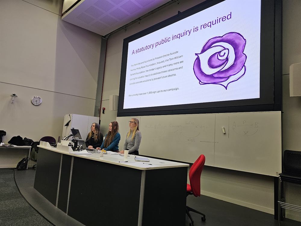 Three speakers presenting a campaign on preventing online harms